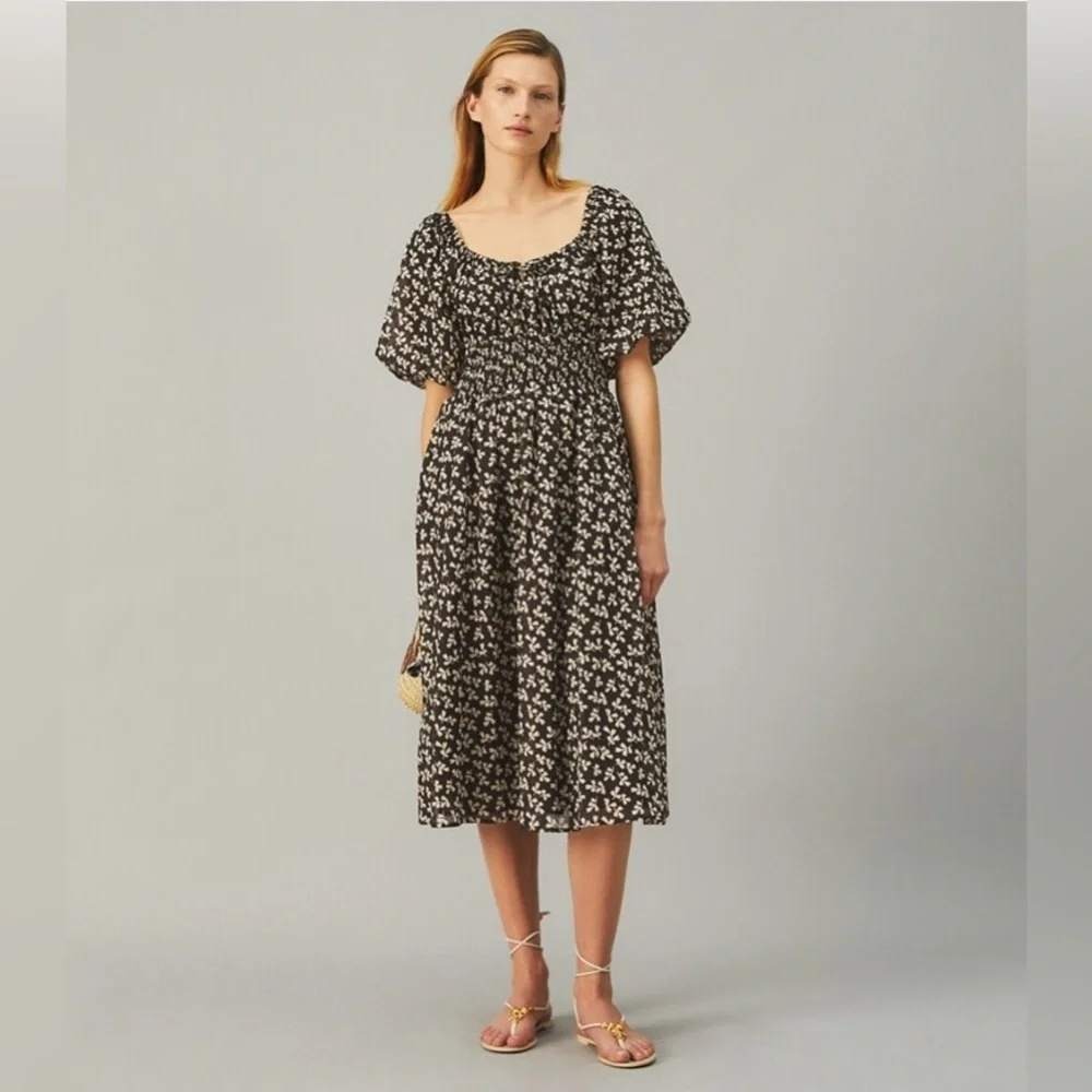 Tory Burch Print Scoop Neck Dress Neutral Little Leaves Black White Sz 10